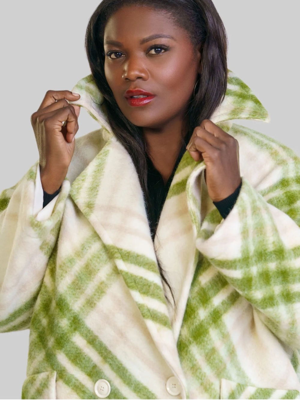 NWT Tricot Chic Plaid Cream, Green & Blush Wool-Blend Peacoat, 1X/2X